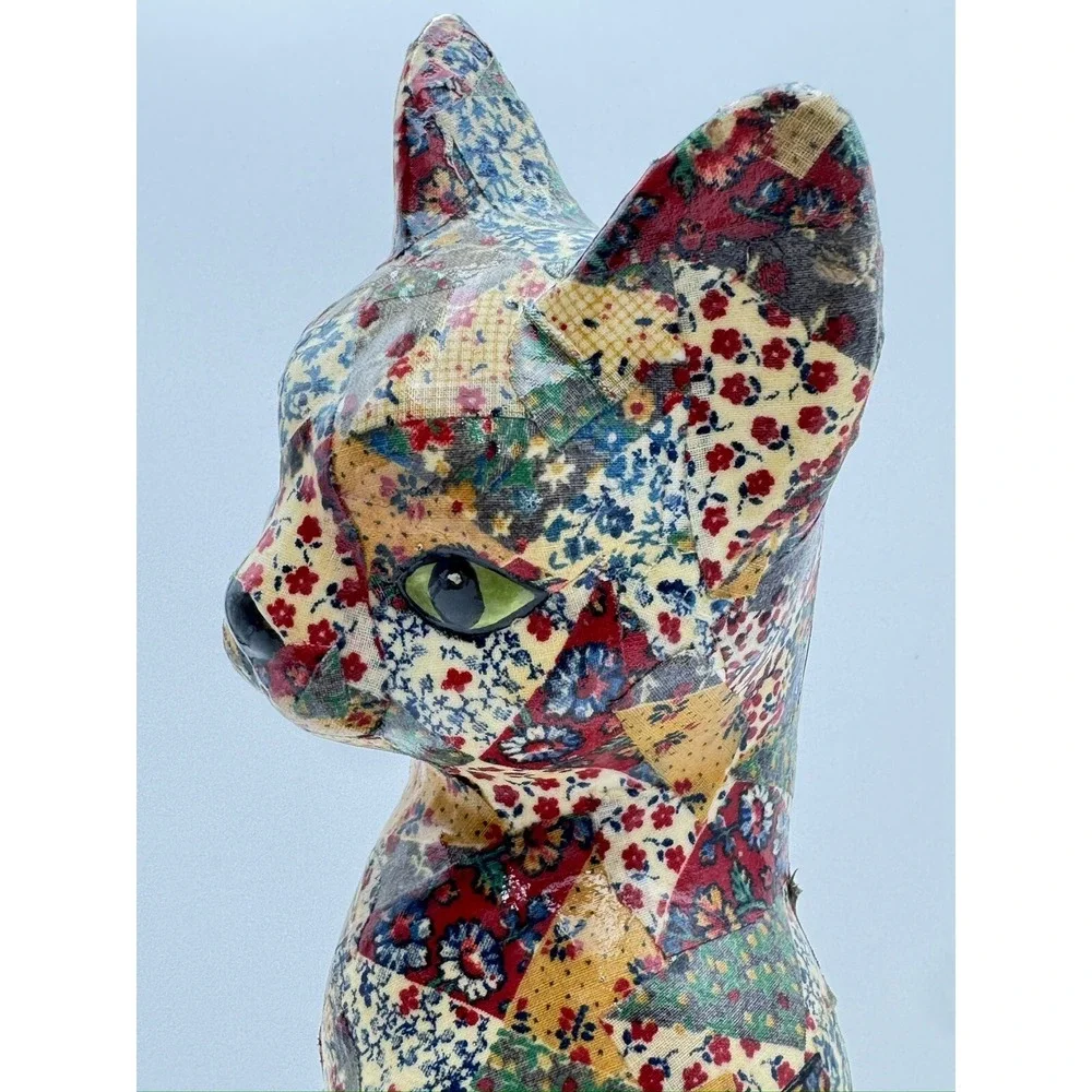 Vintage Cat Ceramic decoupaged patchwork Quilt & Floral Tall Granny Core 14